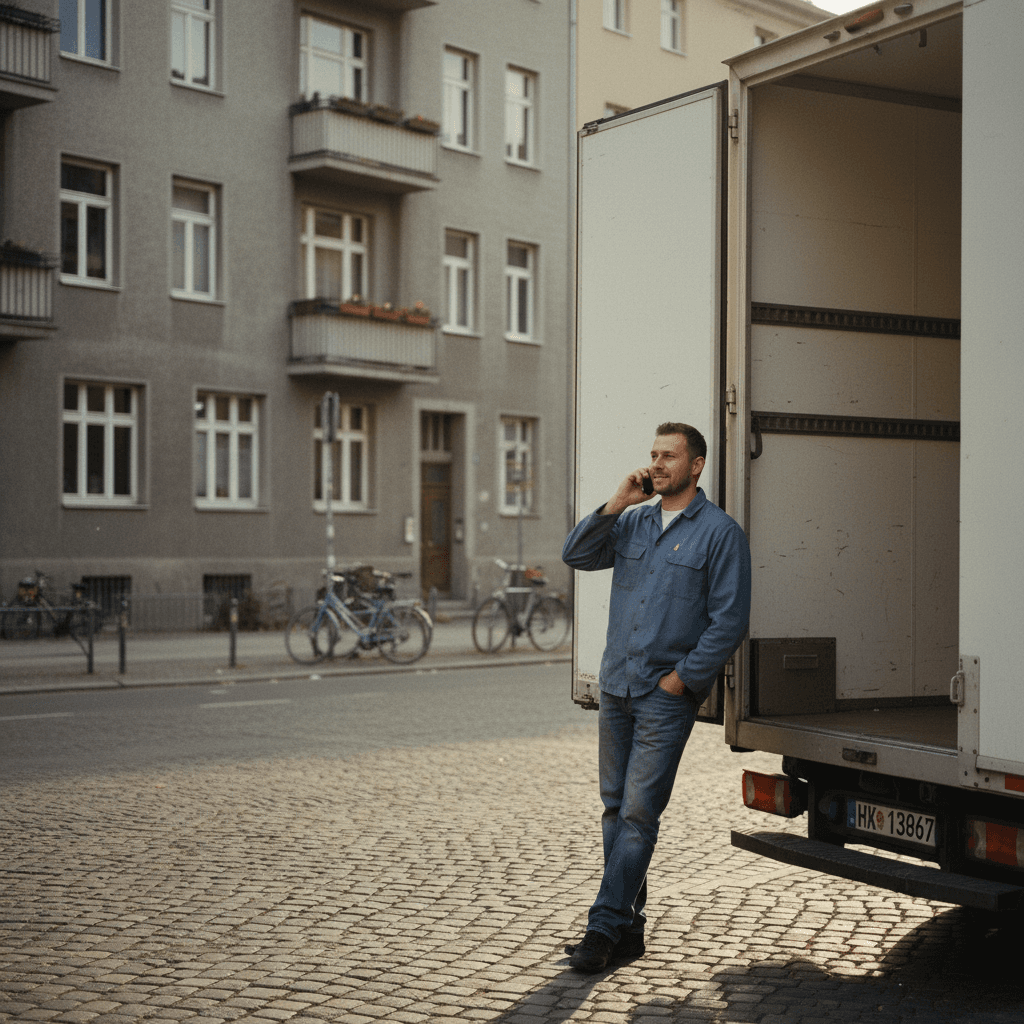 Sergiotransport Mitarbeiter telefoniert vor einem Transporter in Berlin