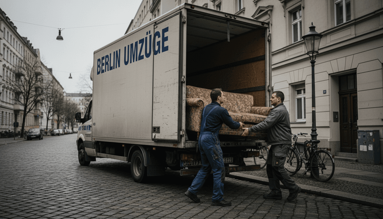 Zwei Umzugshelfer tragen ein Sofa in einen Transporter auf einer Berliner Straße