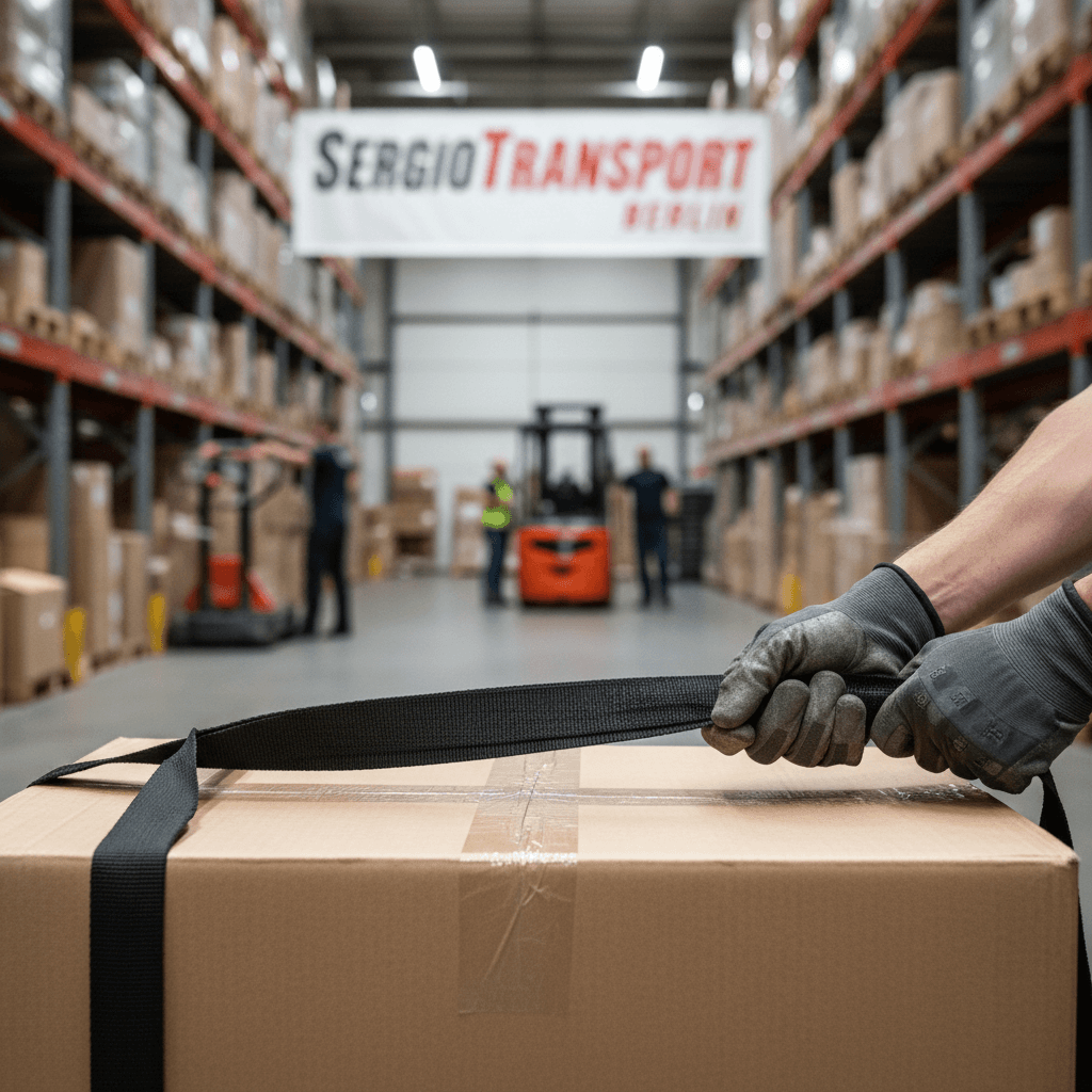 Worker's gloved hands grip a moving strap around a cardboard box.