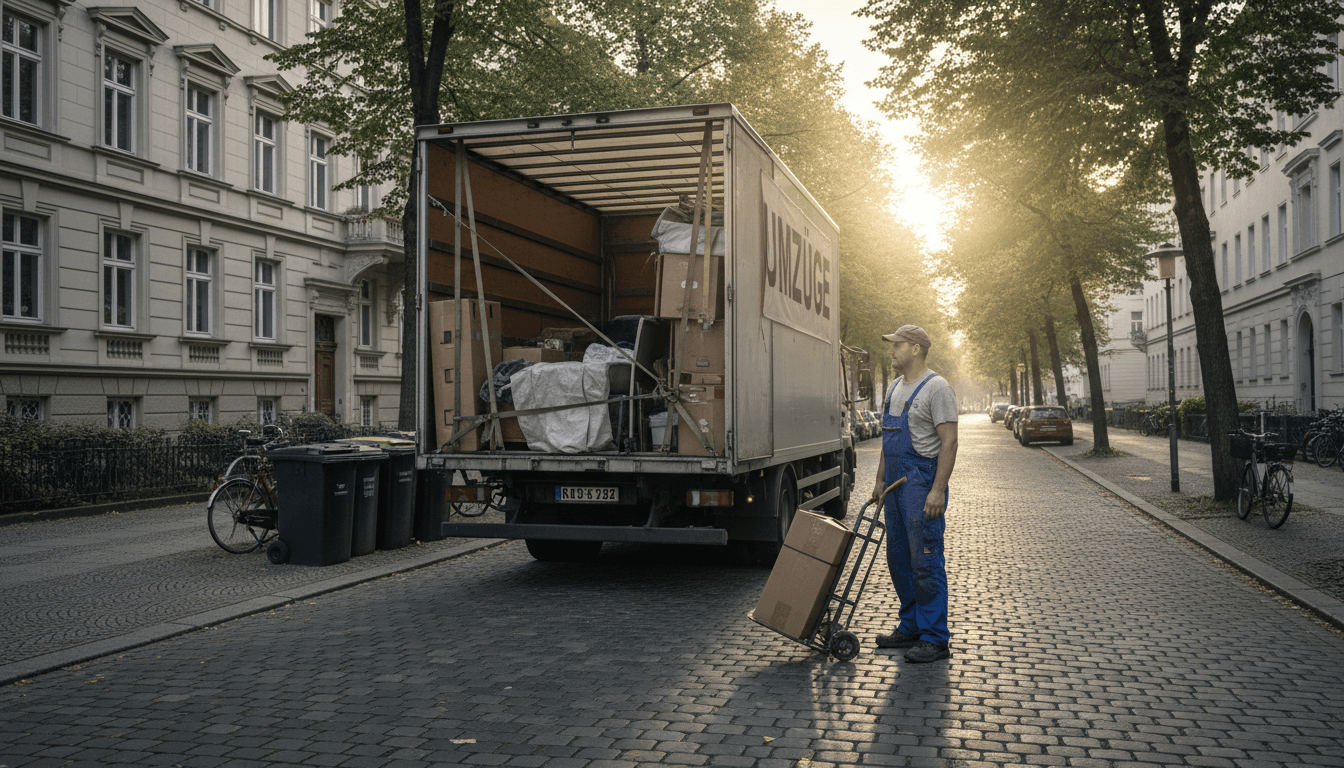 Ein Mitarbeiter von sergiotransport steht neben einem Transportfahrzeug auf einer Berliner Straße