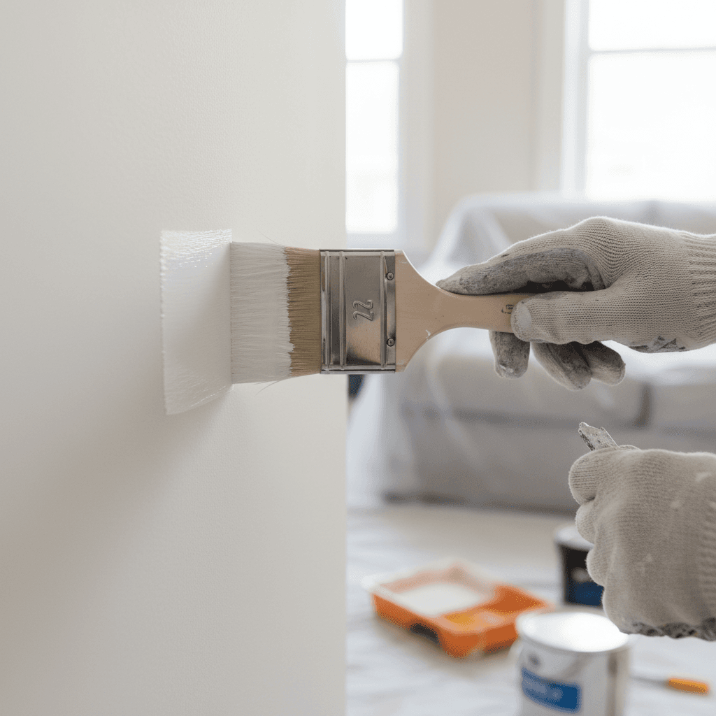Painter's hands applying white paint to interior wall with precision brush stroke and natural window lighting