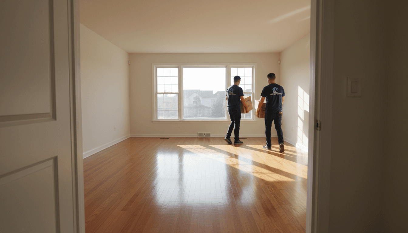 Two workers carrying boxes from a freshly cleaned empty living room with sunlit hardwood floors and bare walls