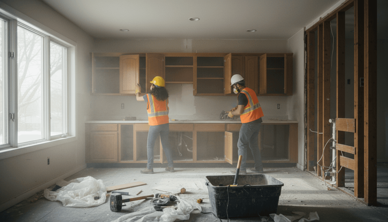 Construction workers in safety gear demolishing kitchen cabinetry and drywall in residential renovation project with natural window light