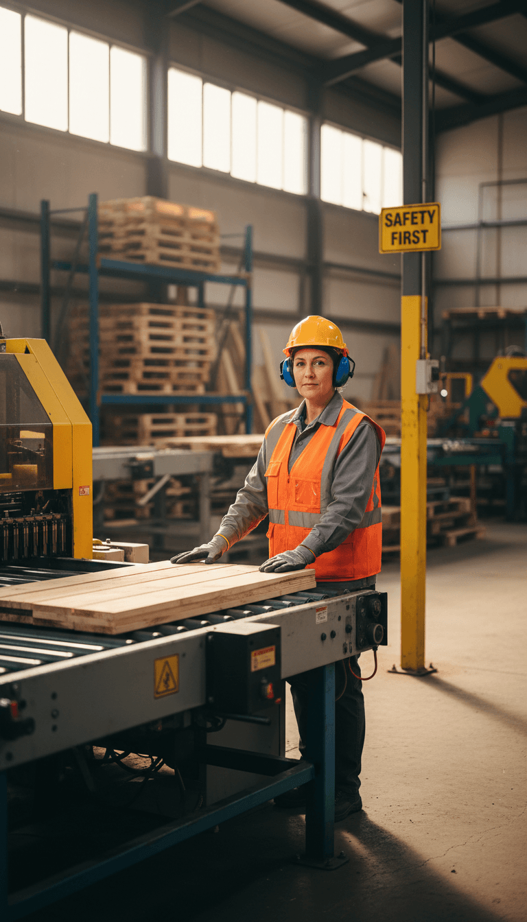 Skilled factory worker in safety gear standing confidently beside heavy manufacturing machinery in production facility