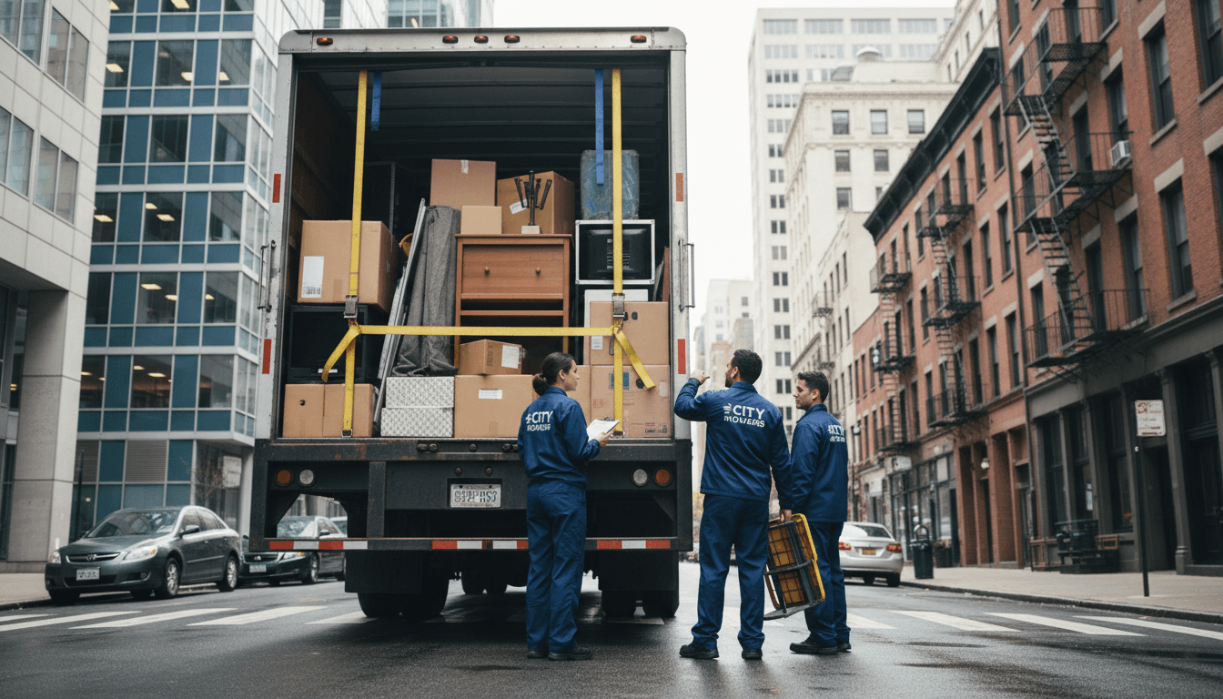 Fully loaded moving truck on city street with professional movers coordinating logistics and cargo organization