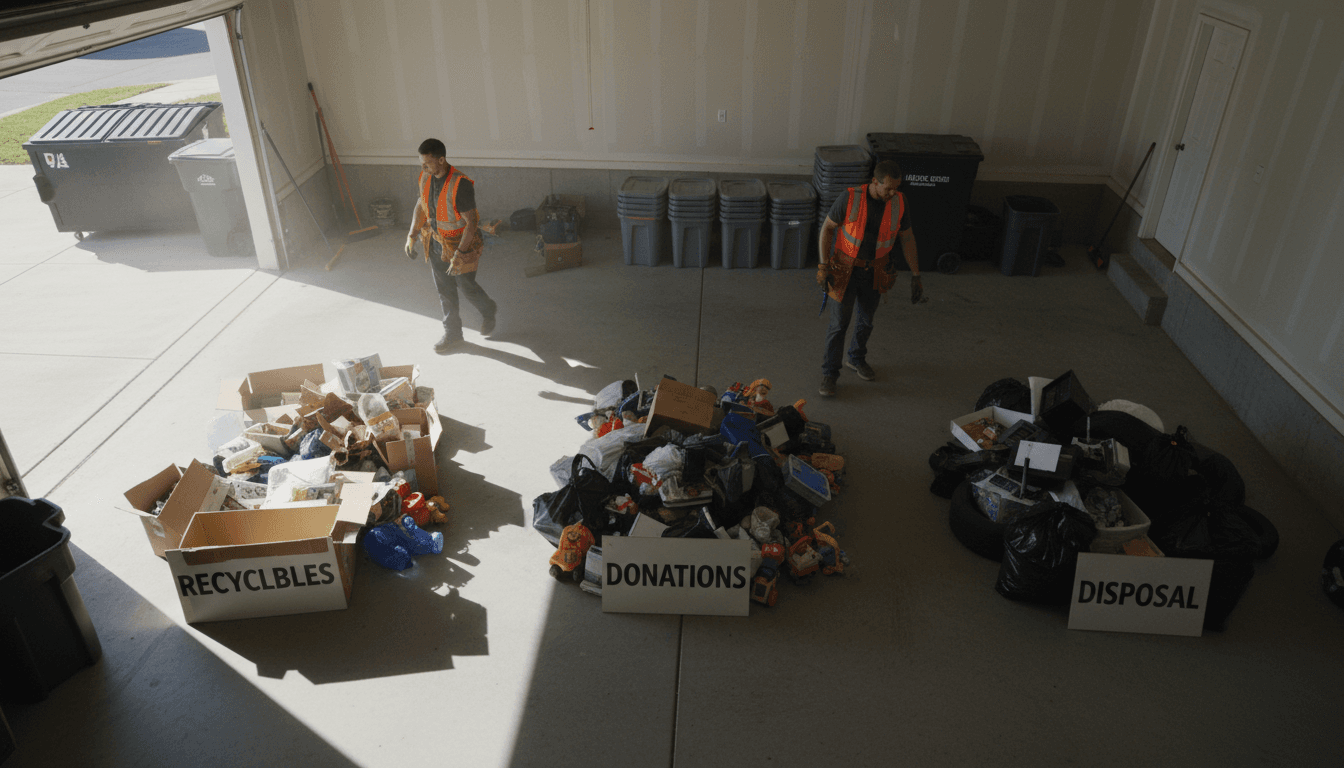 Two workers in safety vests sorting household items into organized zones during residential garage decluttering project