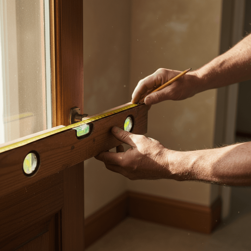 Skilled tradesperson's hands measuring and marking wooden door frame with level and pencil in natural light